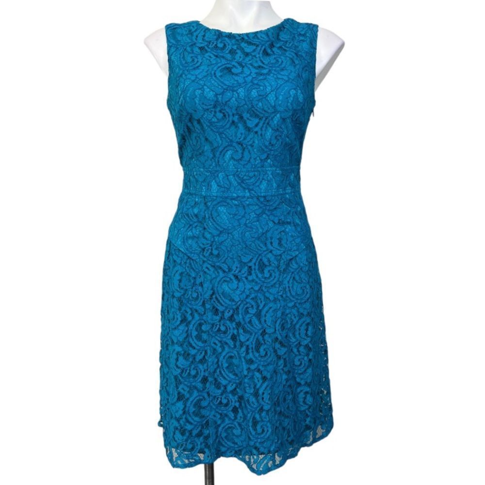 Adrianna Papell size 6 turquoise blue lace overlay dress - Picture 3 of 5